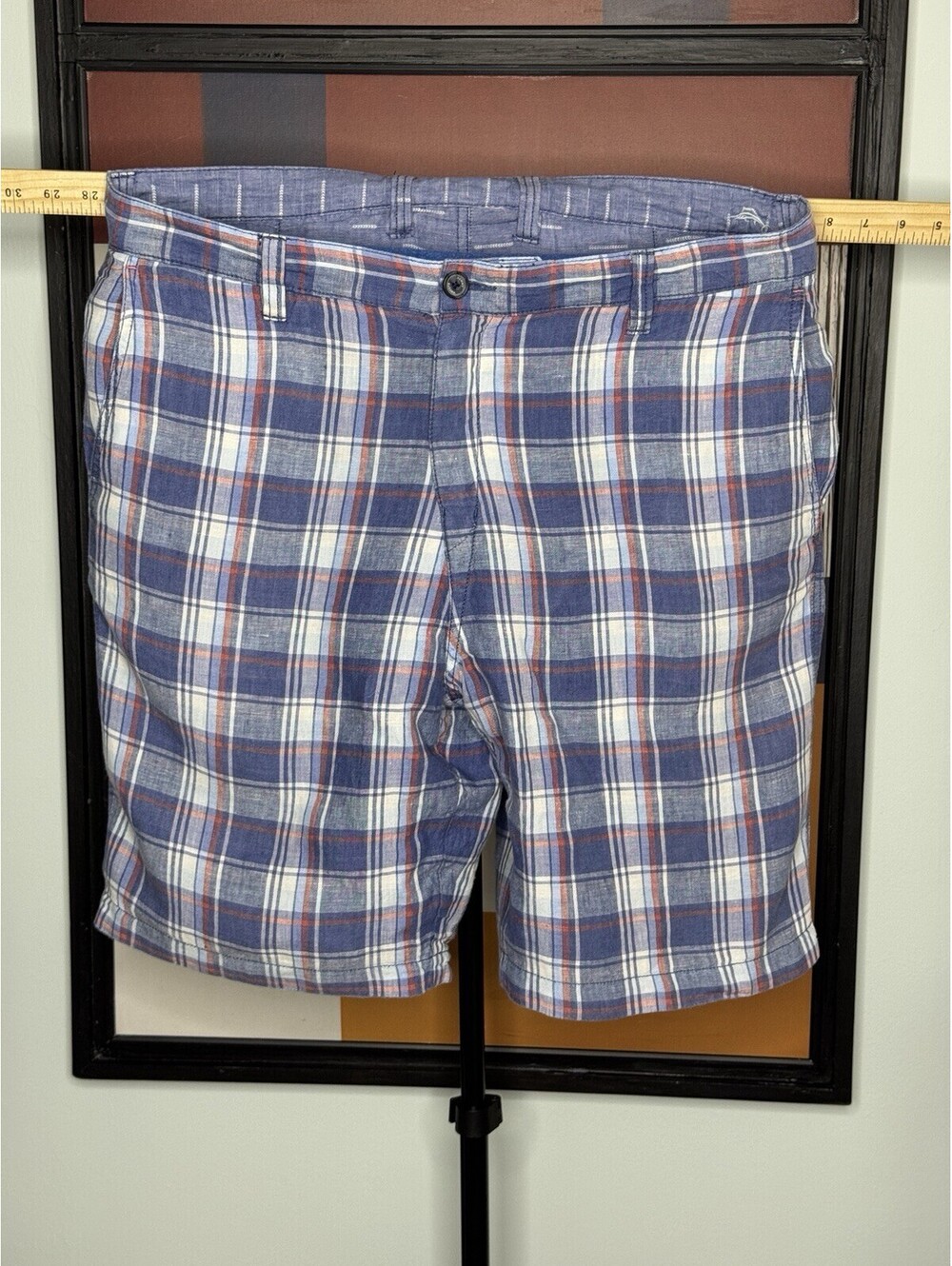 Tommy Bahama Men's Shorts Plaid Reversible Linen Chino Beach Size 36 Blue White